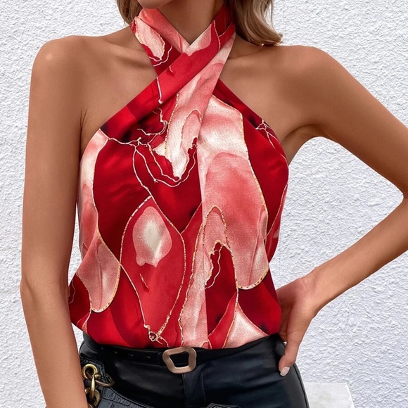 027  Marble Print Twist Halter Tank Top - Picture 2 of 5